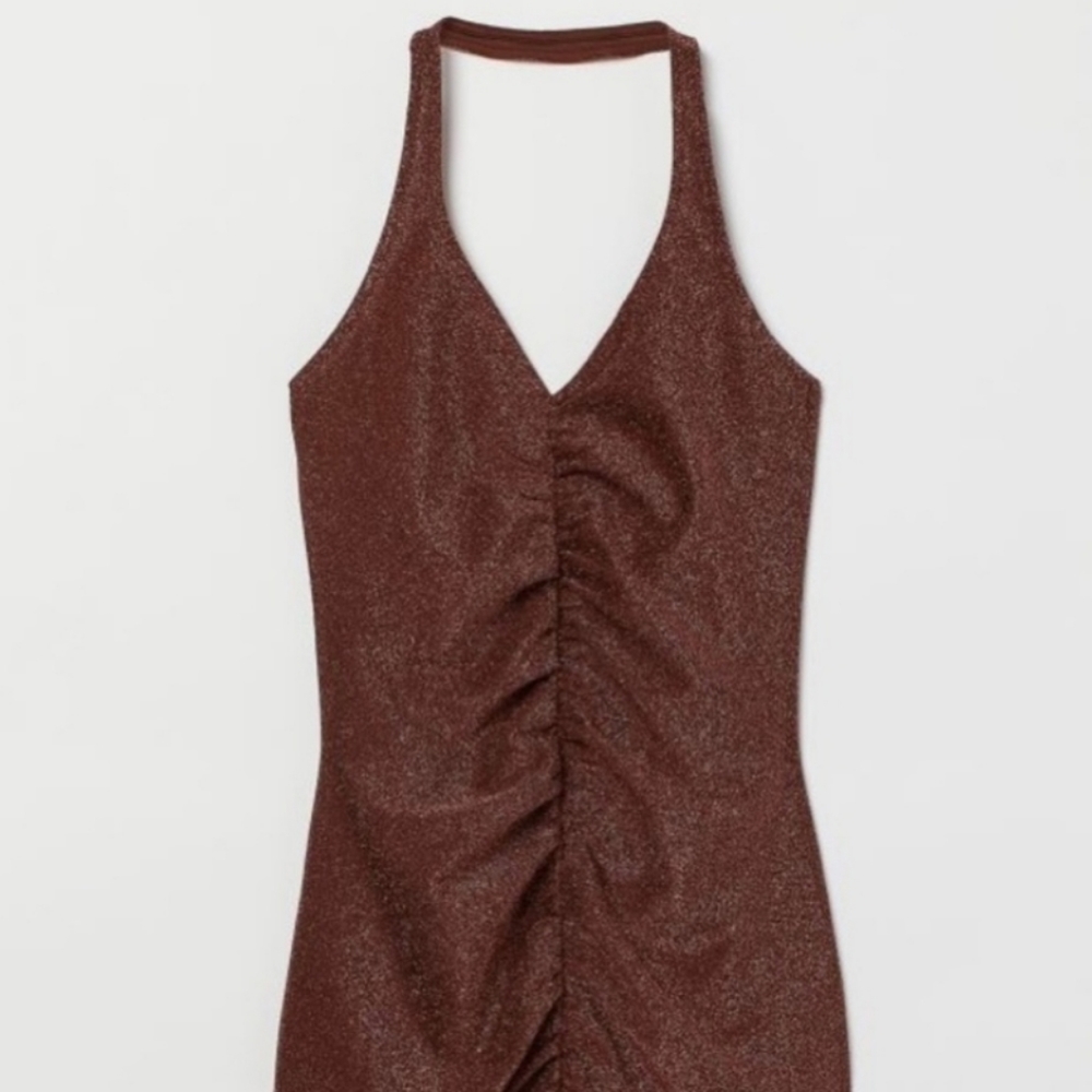 H&M HALTER DRESS XXS SPARKLY BRONZE BROWN STRETCHY NEW RUCHED